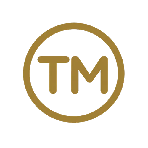Gold trademark symbol with letters "TM" enclosed in a circular outline on a transparent background.