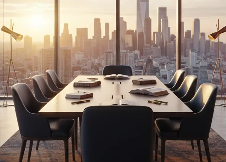 Modern conference room with black chairs around a wooden table, books and pens, floor-to-ceiling windows showcasing a city skyline at sunset.