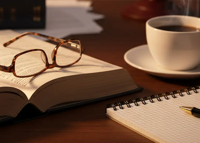 Open book with tortoiseshell glasses resting on it, spiral notebook, pen, and steaming cup of coffee on wooden desk.