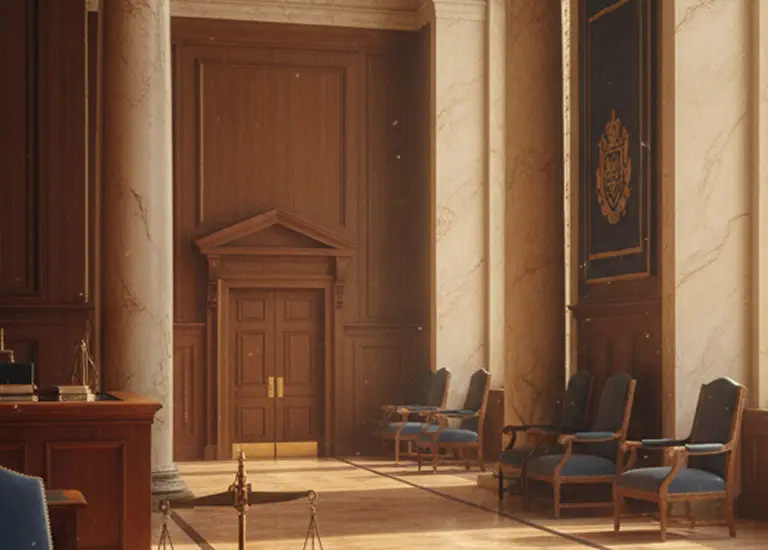 Interior view of a formal courtroom with wooden paneling, marble columns, and blue upholstered chairs.
