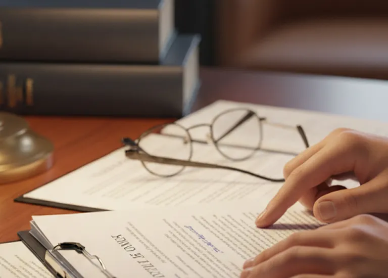 Close-up of hands reviewing legal documents with eyeglasses and books on wooden desk.