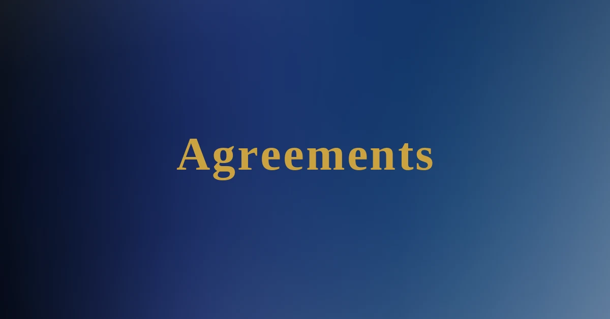 Blue gradient background with the word "Agreements" in gold serif font centered.