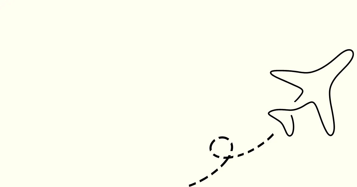 Black line drawing of an airplane with a curved dashed flight path on a light beige background.