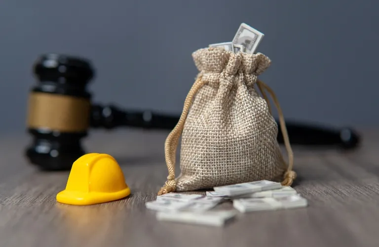 A burlap sack filled with money, a yellow construction helmet, and a wooden judge's gavel on a wooden surface.