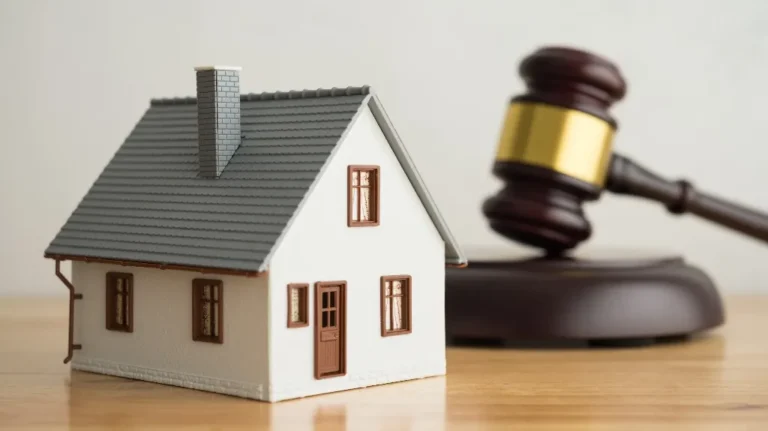 Small white model house with brown windows and door, next to a wooden judge's gavel.